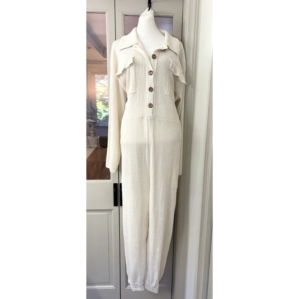 Free People FB Beach Jumpsuit Size Large Ivory Gauzy Side Pockets overized